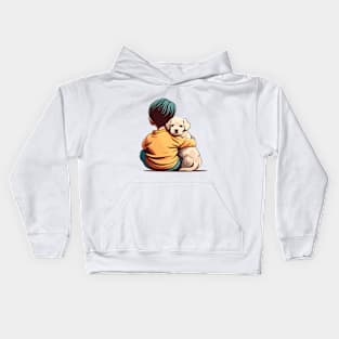 a little child with a cute dog in his arms Kids Hoodie